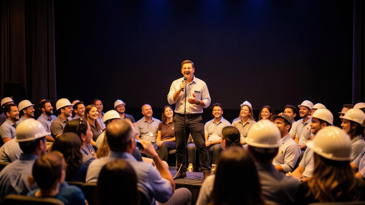 Palestra de humor durante a SIPAT de uma empresa, com colaboradores de uniforme e capacete rindo na plateia